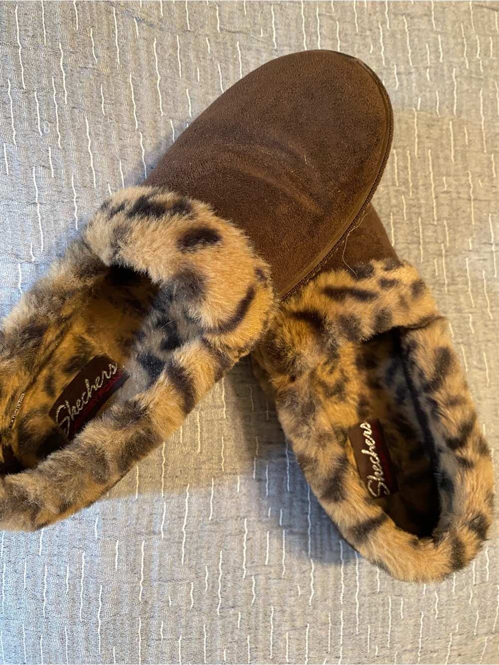 Skechers BOBS Brown Slip-On Slippers with Leopard Fur Trim